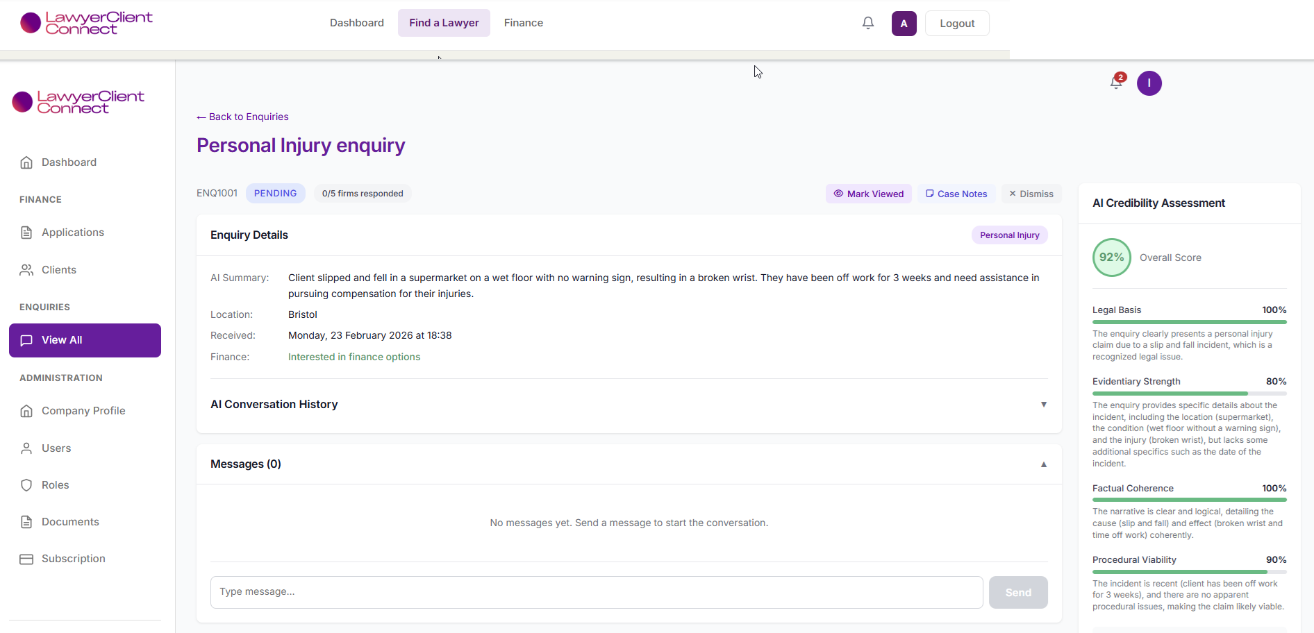 Enquiry details view showing client situation and practice area