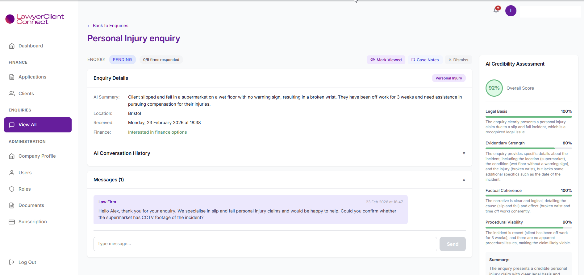 Secure in-platform messaging between firm and client